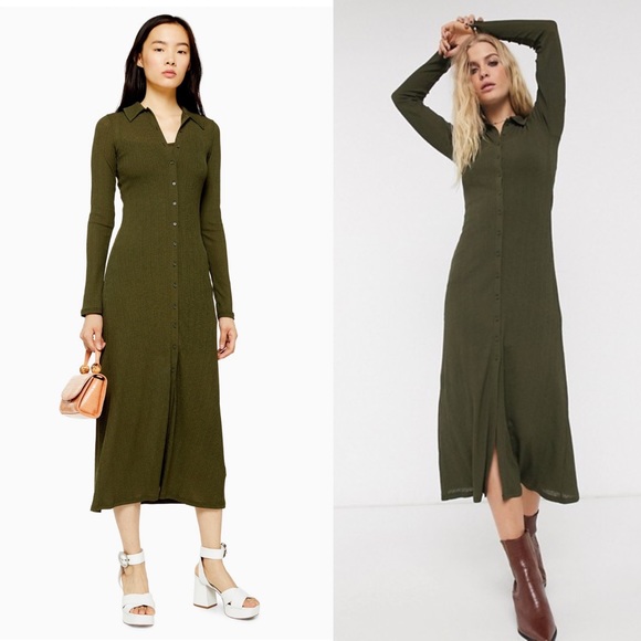 Top Shop Midi Dress Cardigan Style Button Down Ribbed Green NWOT - Picture 2 of 10